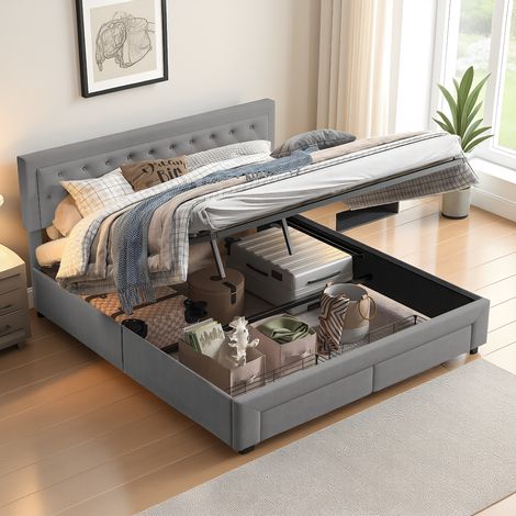 Polsterbett Doppelbett 160x200 cm, mit hydraulisch und Stauraum, Modernes Jugendbett, Bettgestell mit genietetem Kopfteil und Lattenrost, Velour Grau, Ohne Matratze