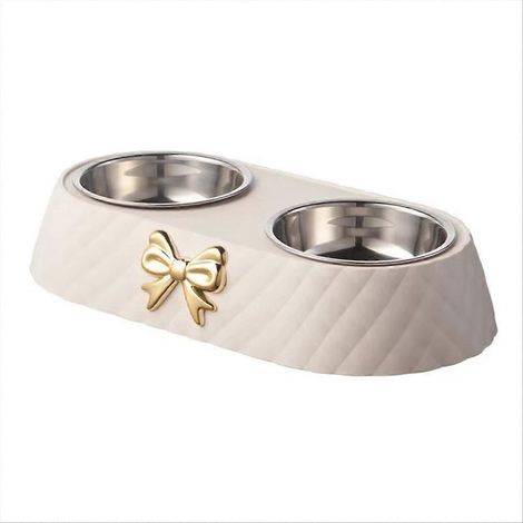 Doppelnapf für Hunde und Katzen, Fliegenmuster, cremefarben und weiß. (1/5)