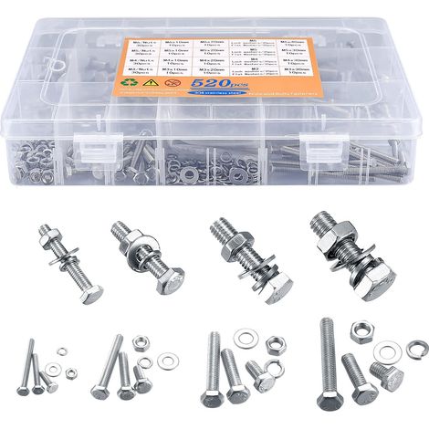 Jeu de Vis Boulons et Écrous, Vis et Ecrou M3 M4 M5 M6 520PCS Kit, vis Boulon et Écrous et Rondelles Set, vis Boulon et Écrou à Tête Hexagonale Acier Inoxydable 304, Avec Boîte de Rangement (1/5)