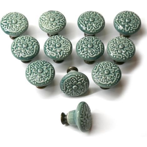 Lot de 12 boutons de meuble vintage avec poignées rondes en céramique de 35 mm, compatibles avec les meubles vintage, conviennent aux commodes et aux armoires. (1/5)