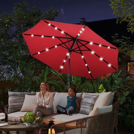 Outsunny Parasol de jardin Parasol droit Parasol Lumineux octogonal inclinable Ø 2.7 m Parasol LED Solaire métal Polyester Haute densité 180 g/m² rouge bordeaux