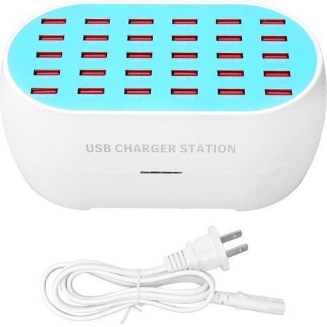 Station de charge USB 30 ports 160W, reconnaissance intelligente, chargeur pour multiples appareils, idéal pour voyages, écoles, centres commerciaux, hôtels, prise US 100-240V. (1/5)