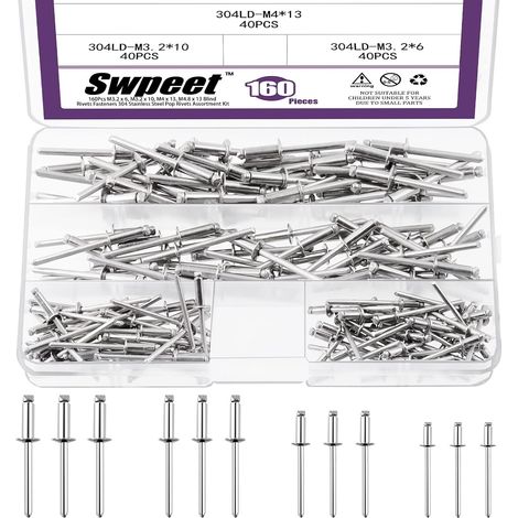 304 Rivets aveugles en acier inoxydable, kit d'assortiment de rivets pop (1/5)