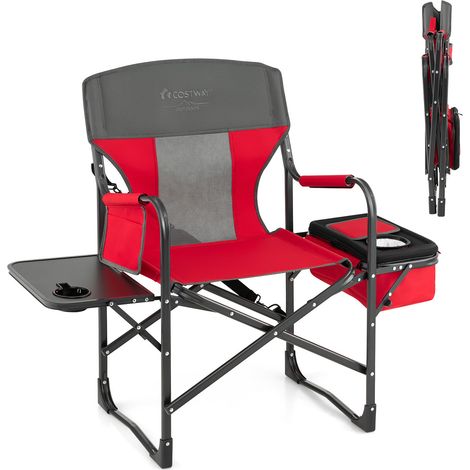 Chaise de Camping Pliante avec Table Latérale et Sac Isotherme Charge 180KG, Chaise de Réalisateur avec Sangle Portable pour Pêche Pique-Nique, Range (1/5)