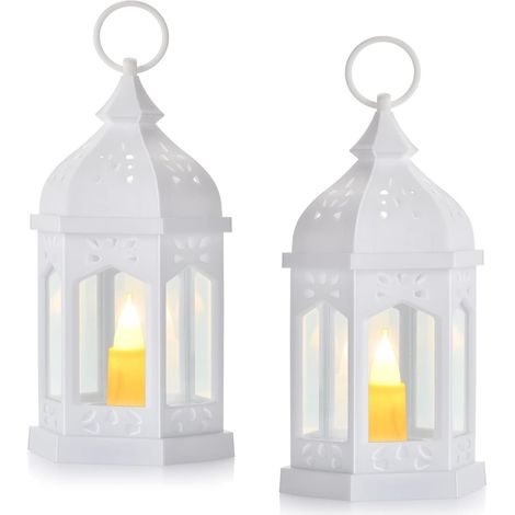 Lot de 2 Lanternes décoratives, Style Vintage Lanterne Suspendue, Bougeoir avec Bougie LED sans Flamme, Intérieur salon et extérieur pour Patio Jardin Décoration de Mariage, Blanc (1/5)