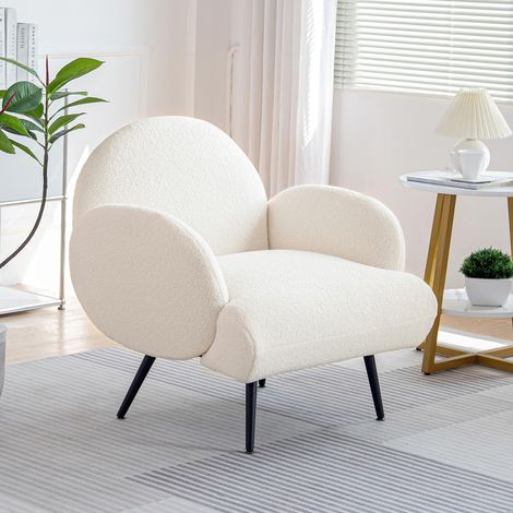 Fauteuil de Salon Crème en Tissu Bouclette, Fauteuil Confortable à Accoudoirs, Pieds en Métal Noir, Fauteuil de Lecture Moderne pour Chambre (1/5)
