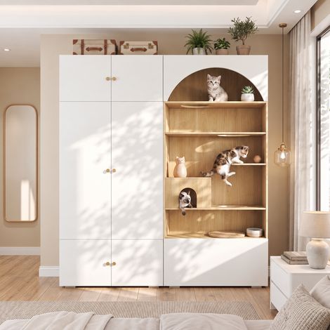 Armoire, porte-manteau et rangement pour animaux, 180 x 50 x 200 cm, avec 1 tringle et un mur d'escalade pour chat, pour chambre, salon et couloir, aspect blanc et bois (1/5)