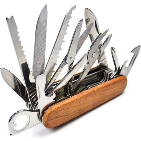 Couteau de poche multifonction 26 fonctions, manche en bois avec anneau porte-clés, outil pratique pour tous les usages (1/5)