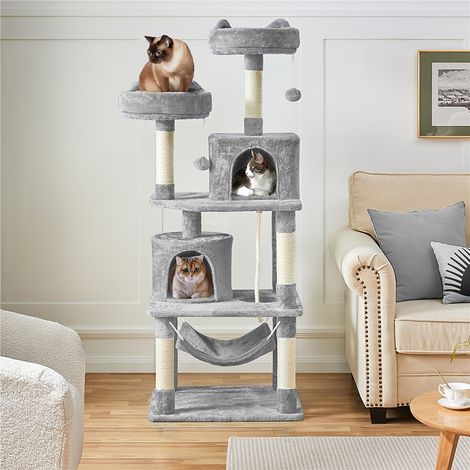 Homevive Árboles para Gatos Rascador Juego para Mascota Casa de Gatos Sisal Plataformas Altura 145 cm Gris Claro