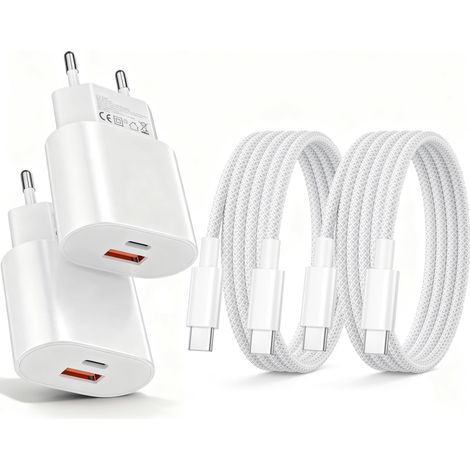 2 Pièces Chargeur Prise USB C,2-Port 25W Chargeur USB Multiple Secteur Adaptateur avec Nylon Câble 1.8m pour 17 16 15 14 13 12 11 Pro/Pro Max/Plus,Mini X XS XR SE,iPad,S25 (1/5)