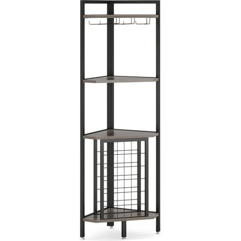 Botellero de esquina independiente de 4 niveles con soporte para copas, MDF y metal, gris (1/5)