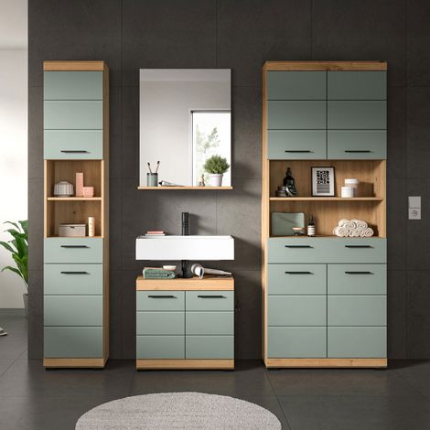 Colonne salle de bain + 2 meubles + miroir chêne brun et kaki - OLBO