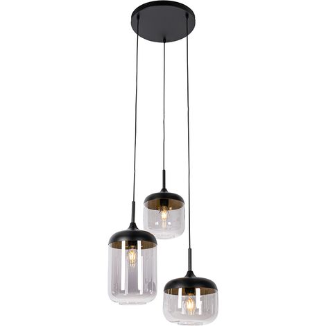 QAZQA Diseño Lámpara colgante negra con dorado y cristal ahumado 3 luces redonda - Kyan Vidrio /Acero Redonda Adecuado para LED Max. 3 x 40 Watt (1/4)