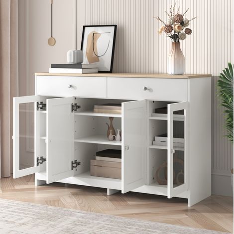 Credenza contenitore in stile rustico, 120x37x80 cm, 4 ante, 2 cassetti, MDF bianco e legno (1/5)