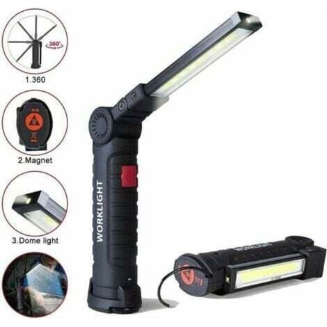 Lampe de travail LED rechargeable 800 lumens – 5 modes d'éclairage – Base magnétique pour surfaces métalliques – Utilisation chantier et camping (1/4)