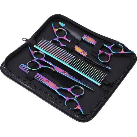Set di 5 forbici professionali colorate in acciaio inossidabile per la toelettatura di animali domestici, sicure e veloci, che include forbici dritte a punta fine, forbici curve e un pettine.
