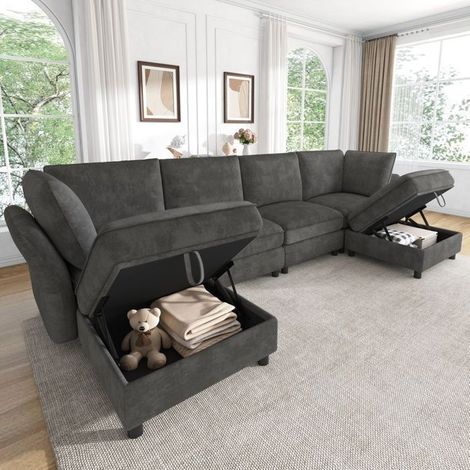 Canapé modulable - SOGEU - Composable 289x137x84 cm - Chenille gris - 6 places - Pouf coffre (1/5)