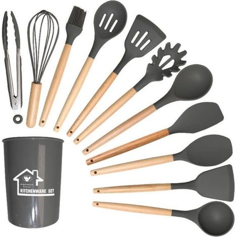 Bardusch - Ustensiles de Cuisine en Silicone et Bois - 12 PCS - Antiadhésive Anti-Rayures et Résistante à Chaleur (1/4)