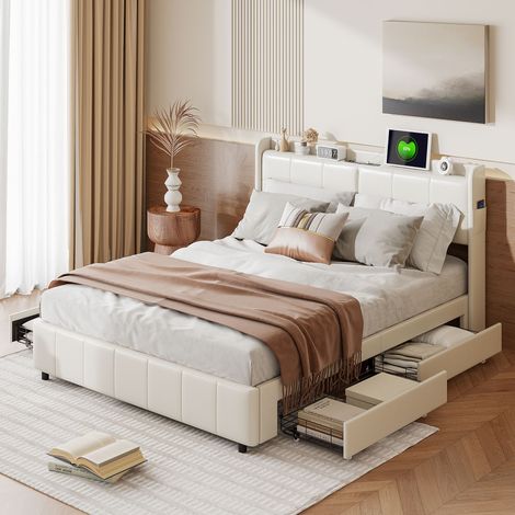 Sunfecili – Lit adulte 160x200 avec 4 tiroirs – Tête de lit avec port USB – PU beige – Dimensions hors tout 208,5 x 166 x 106 cm (1/4)