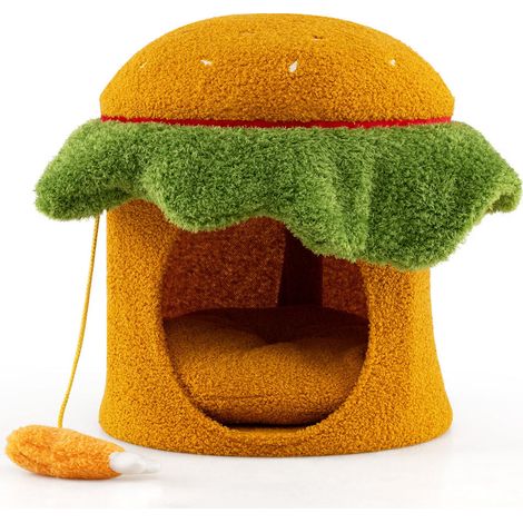 Confort et Espace d'Observation pour Félin Niche Chat Hamburger avec Coussin Amovible Lavable et Jouet Suspendu (1/5)