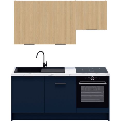Ensemble de 6 meubles de cuisine - L. 185 cm - bleu marine et chêne clair cannelé - Luzia Mix (1/5)