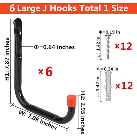 Ganci da parete per garage resistenti, 6 pezzi, neri, 18 cm - Portata massima 15 kg, in acciaio di alta qualità, ideali per riporre attrezzi, biciclette e scale. (1/5)