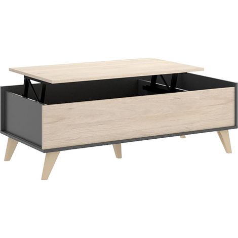 Pegane – Table basse relevable graphite/naturel – Dimensions 99x41x60 cm – Compartiment porte-revues – Panneaux de particules 16mm (1/5)