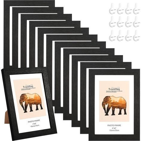 BOED Set mit 12 kleinen schwarzen Holz-Fotorahmen, 10 x 15 cm, zum Aufhängen an der Wand oder als Tischdekoration