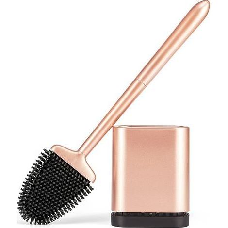 Brosse WC Silicone, Brosse de Toilette Silicone et Support, Balayette WC Suspendu Plate à Séchage Rapide avec Manche Long, Balai Toilette Salle de Bain, Autoportant/Mural, Or Rose Mat (1/4)