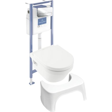 Pack WC sans bride VILLEROY ET BOCH Architectura abattant + bâti-support sol et mur + plaque chromée brillant + Tabouret blanc