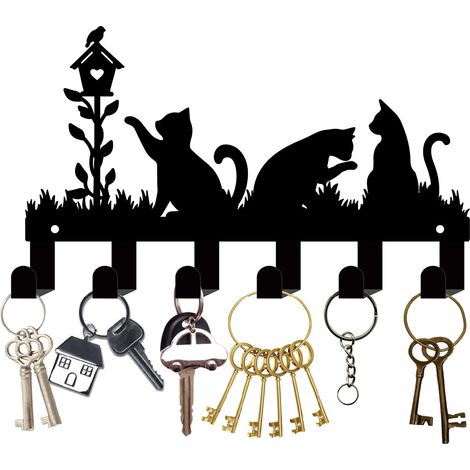 Porte-Clés Mural Forme Chats Noirs,Organisateur Clés Métal,Porte-Manteau avec 10 crochet,Support Suspension Clés,Crochets Muraux Décoration Murapour Entrée,Couloir,Porte D'Entrée,27x16cm