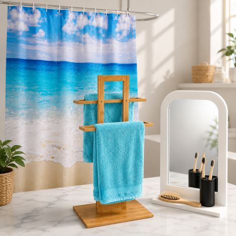 Ensemble de serviettes de bain et miroir en bambou (3 pièces) – Porte-serviettes, miroir blanc avec étagère et rideau de douche (1/5)