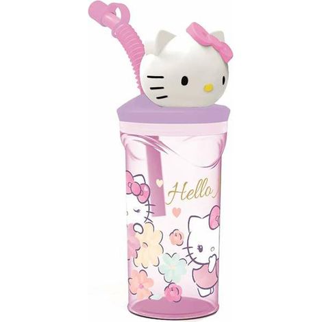 Vaso Infantil Reutilizable Con Pajita y Tapa con figurita 3D 360 ml de Hello Kitty