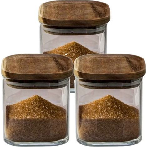 Bocal de conservation 5Five - Lot de 3 - Verre avec couvercle en bois d'acacia - 600 ml - Couvercle hermétique (1/4)