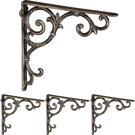 Relaxdays Escuadras para Estanterías, Set de 4, Hierro Fundido, Soportes Antiguos, Ángulos, 24,5 x 4 x 24,5 cm, Bronce
