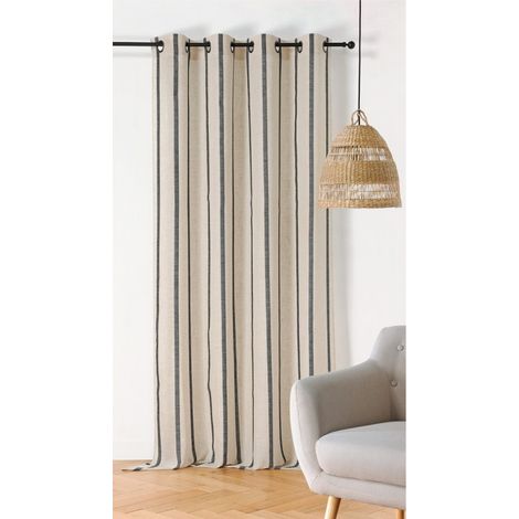 Homemaison – Rideau occultant à rayure lin 145x275cm – Tête avec 8 œillets – Tissé en France – 76% polyester 24% lin (1/5)