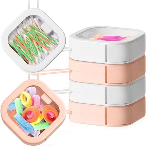 Paquete de 4 mini cajas portátiles para guardar accesorios para el cabello (9,5 x 9,5 x 3 cm) con tapas para gomas, pinzas y bastoncillos de algodón. (1/5)