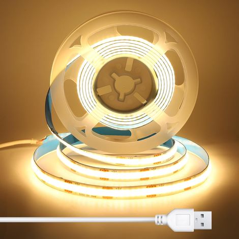 Bande LED COB de 2 mètres avec câble USB, IRC 92+, 5 V, idéale pour le rétroéclairage TV, l'éclairage de tête de lit et l'éclairage sous les meubles. Bande LED blanc chaud pour éclairage d'appoint, 30