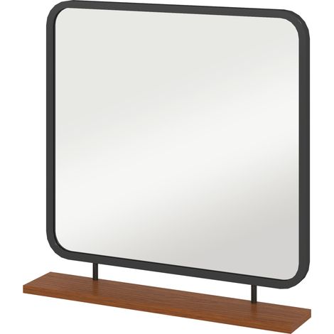 Wandspiegel mit Ablage, Vintage-Design, Metallrahmen, Paulownia-Holz, 55 x 55,5 cm, Schwarz/Holz