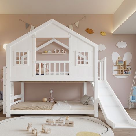 Lit superposé 90x200cm - Lit superposé enfant avec toboggan - lit cabane enfant 90x200cm avec toit et fenêtre - Lit doubles pour enfants avec protection antichute - blanc - sans matelas
