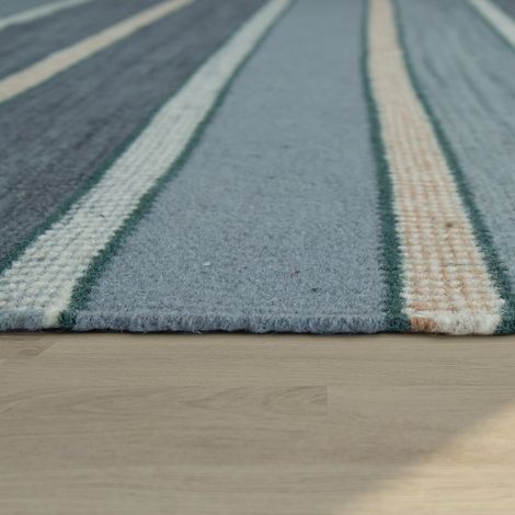 Paco Home Natur Teppich Wolle Modern Handgewebt Gestreift Kelim Design Fransen Blau Beige 120x170 cm