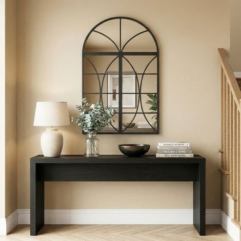 Bogenförmiger Wandspiegel 80 x 120 cm, 3er-Set, fensterförmiger Spiegel mit Glasfront, gehärtetes Glas und Metall, schwarz