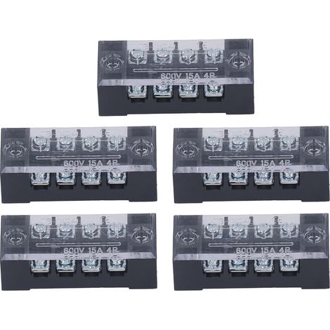 5pcs Bornier à barrière en laiton fixe 4 plots double rangée 15A 600V TB1504, bloc de jonction professionnel couvert. (1/5)
