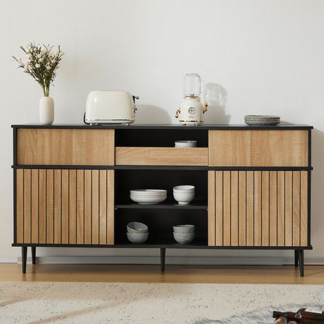 Credenza 160x40x80 cm nero e naturale in truciolato con 4 ante scorrevoli, 1 cassetto e struttura stabile (1/5)