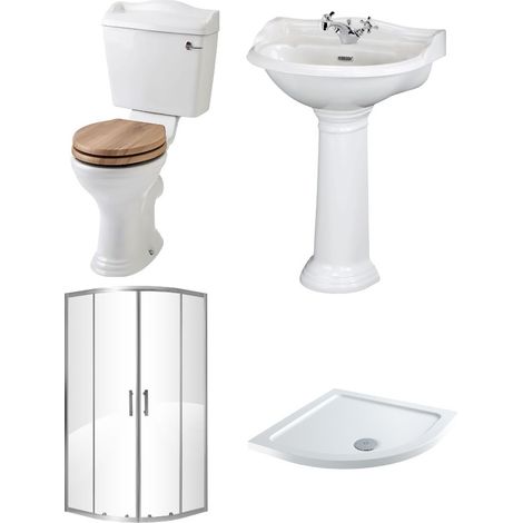 Milano Towneley - White Traditional Reversible Quadrant Shower Enclosure&44 Ceramic Close Coupled Toilet and Full Pedestal Bathroom Basin Sink with One Tap Hole (1/5)