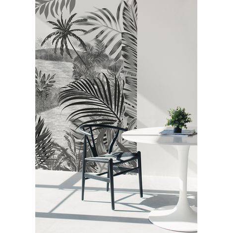 Papier peint intissé 250 cm X 150 cm, Rivière et Forêt Tropicale, Noir et Gris Foncé, Décoration Murale Intérieure. (1/2)