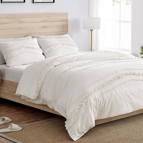Parure de lit 3 pièces en macramé bohème chic avec pompons touffetés en macramé – Housse de couette et taie d'oreiller texturées minimalistes à franges en coton blanc cassé (1/5)