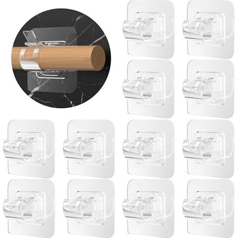 14 soportes para barra de cortina sin taladro, ganchos adhesivos para cortina, colgadores para barra de puerta, soportes transparentes para toalleros, hogar, baño, hotel y cocina. (1/4)
