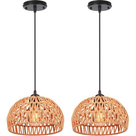 Set of 2 Vintage Industrial Boho Pendant Light E27 Rattan Chandelier, Diameter 25 cm, Round Cage Lampshade in Metal and Rattan, Ceiling Lamp Decoration for Living Room, Bedroom, Black (1/5)