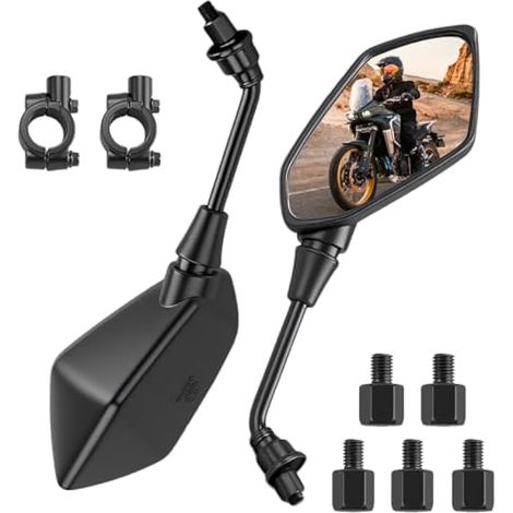 Lot de rétroviseurs de moto - Certifié E - Avec filetage à droite et à gauche M8 M10 - Universel - Pour ATV, vélo électrique, cyclomoteur, scooter (noir) (1/5)